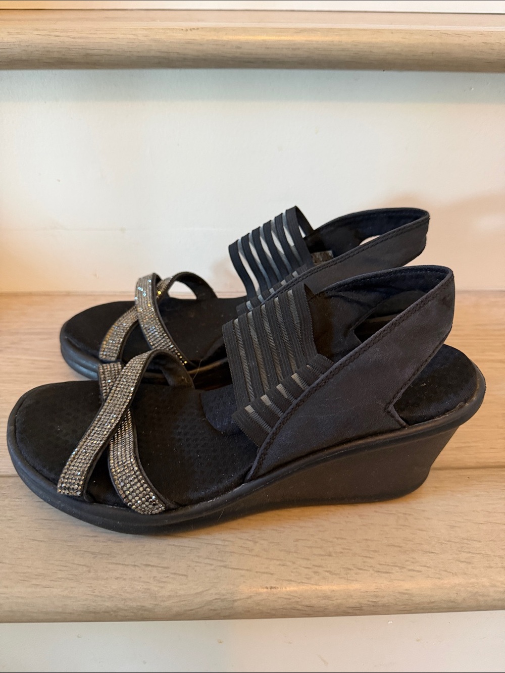 Skechers Black Wedge Sandals with Rhinestone Straps